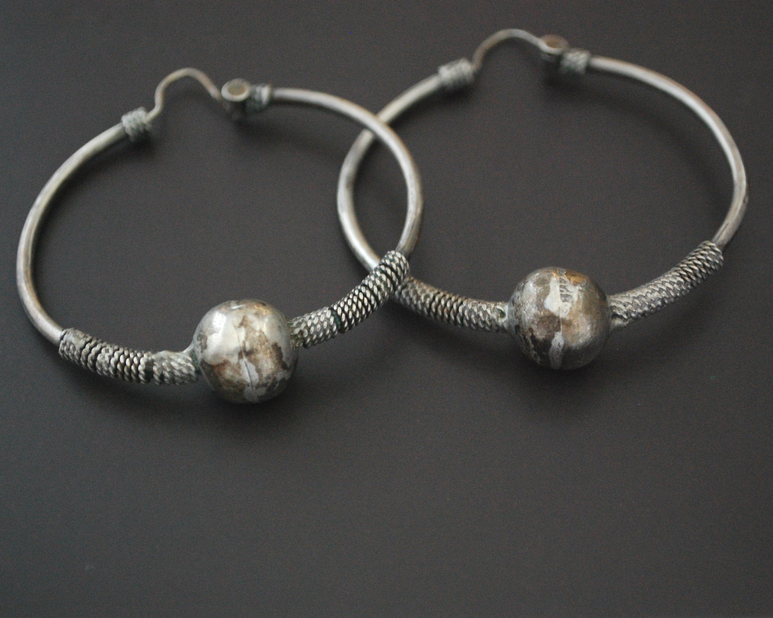 XLarge Ethnic Bali Hoop Earrings with Wire Work and Bead - Older Pair