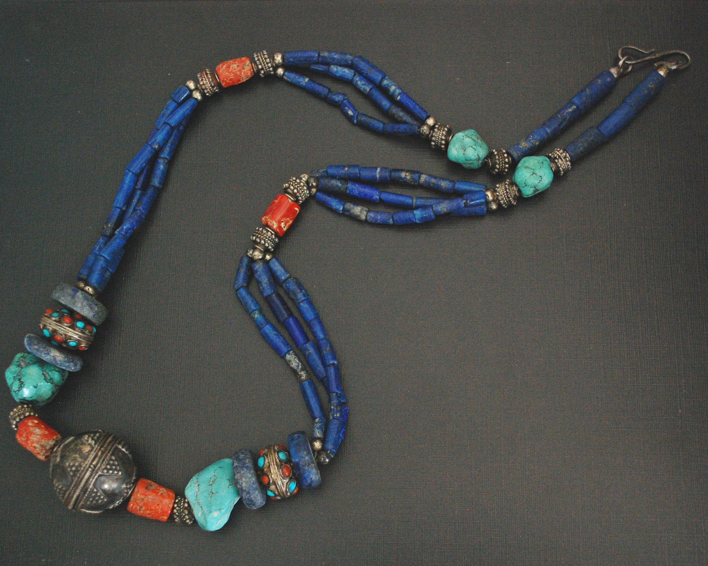 Long Coral, Lapis Lazuli and Turquoise Necklace from India
