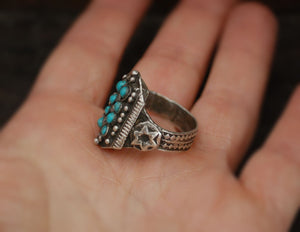 Antique Afghani Silver Ring with Turquoises - Size 8.5