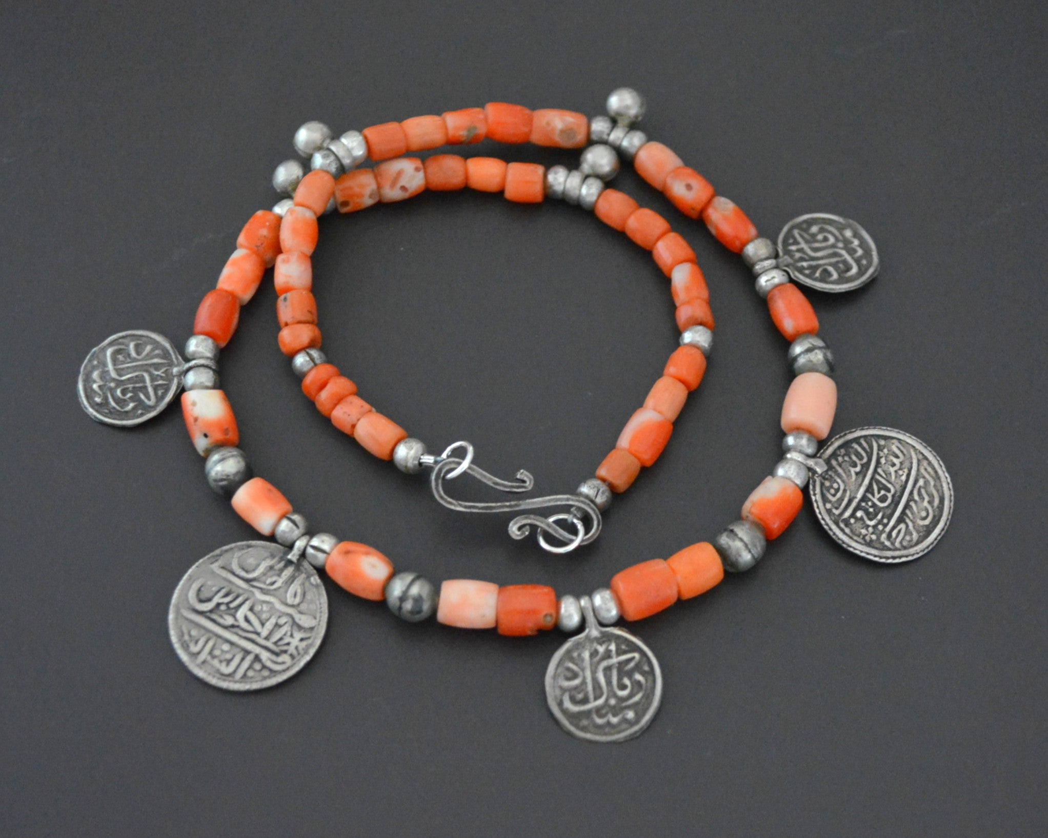 Coral Beads Necklace with Arabic Writing Coin Charms
