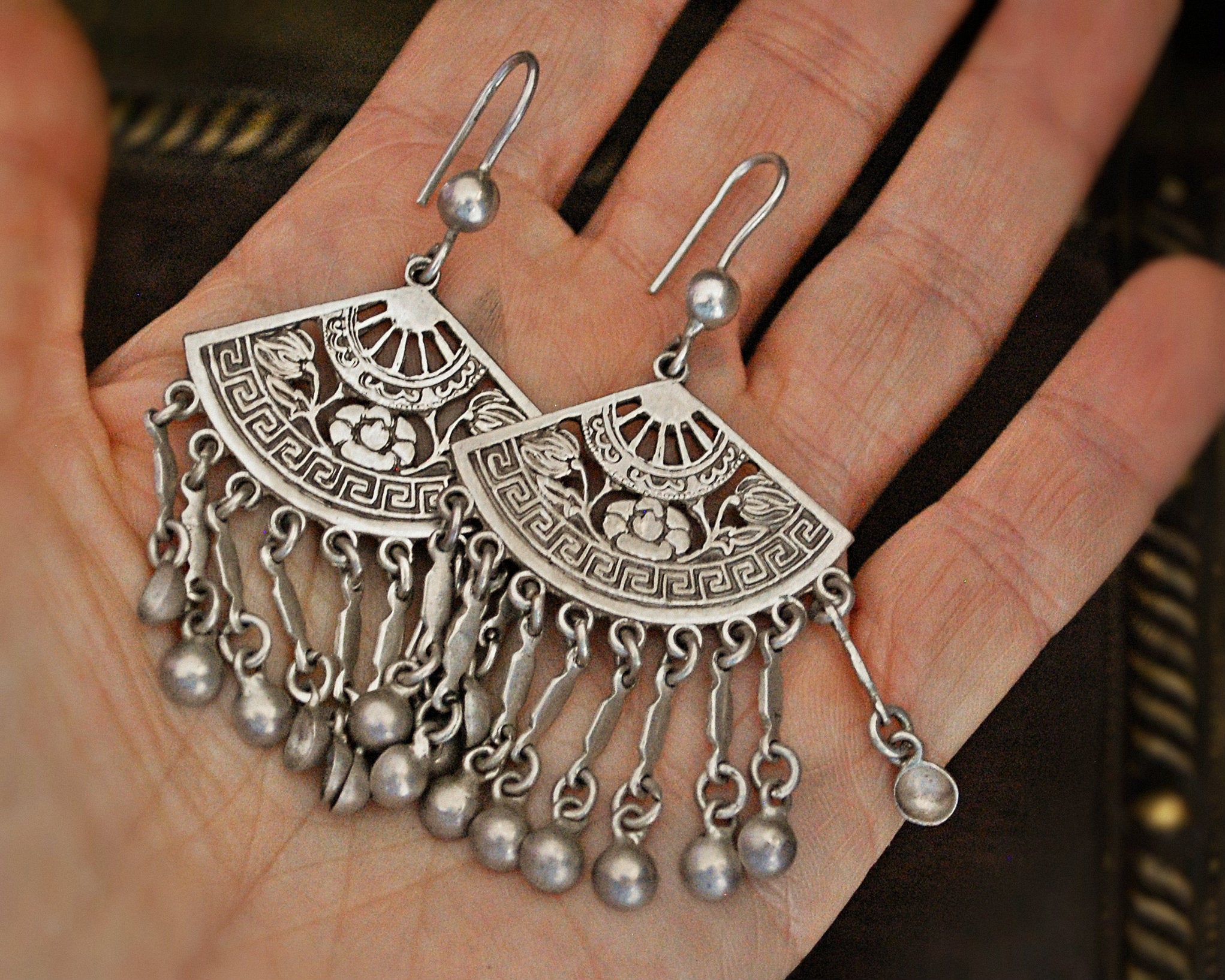 Egyptian Silver Lotus Earrings with Dangles
