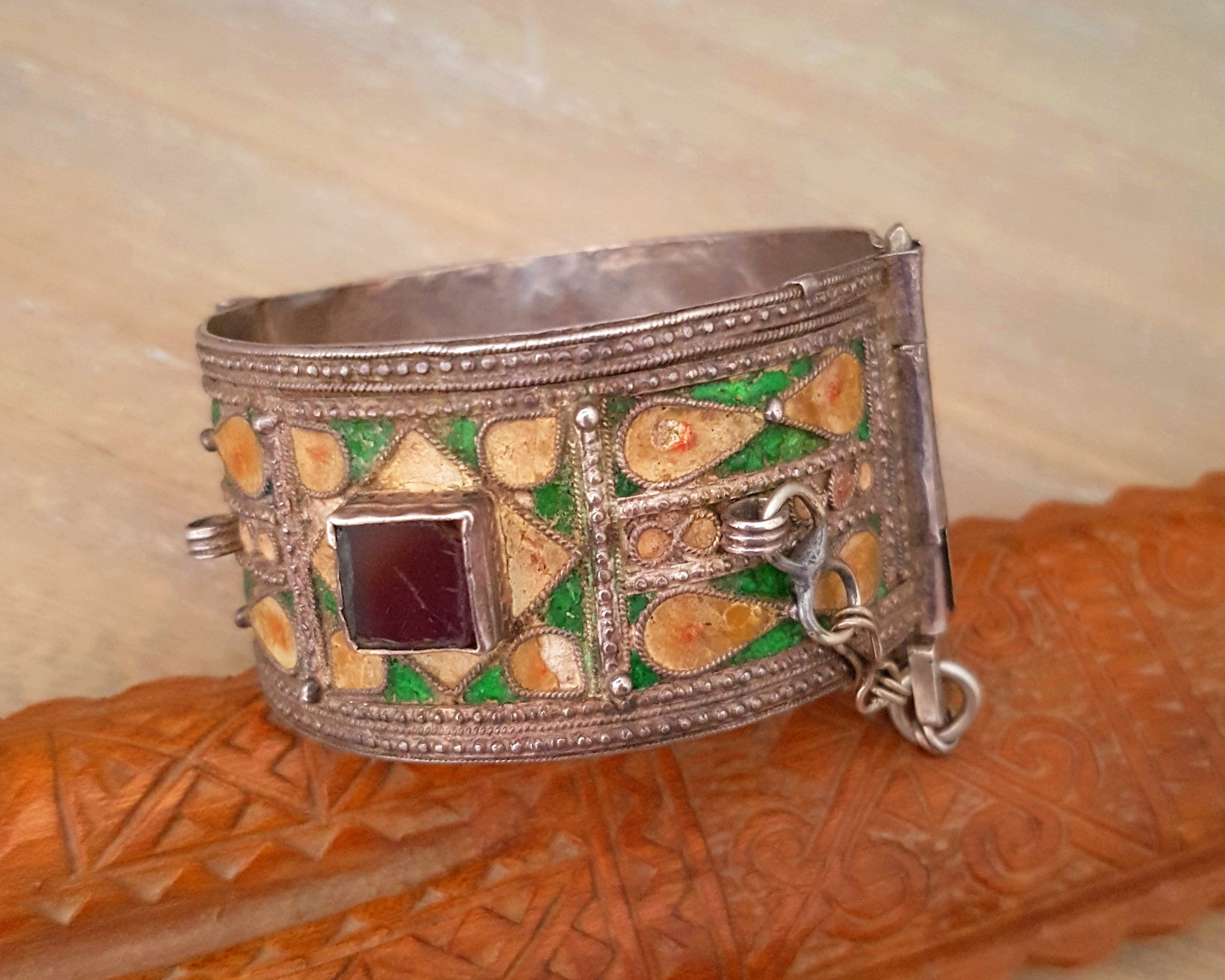 Reserved for R. - Berber Hinged Enamel Bracelet with Glass - SMALL