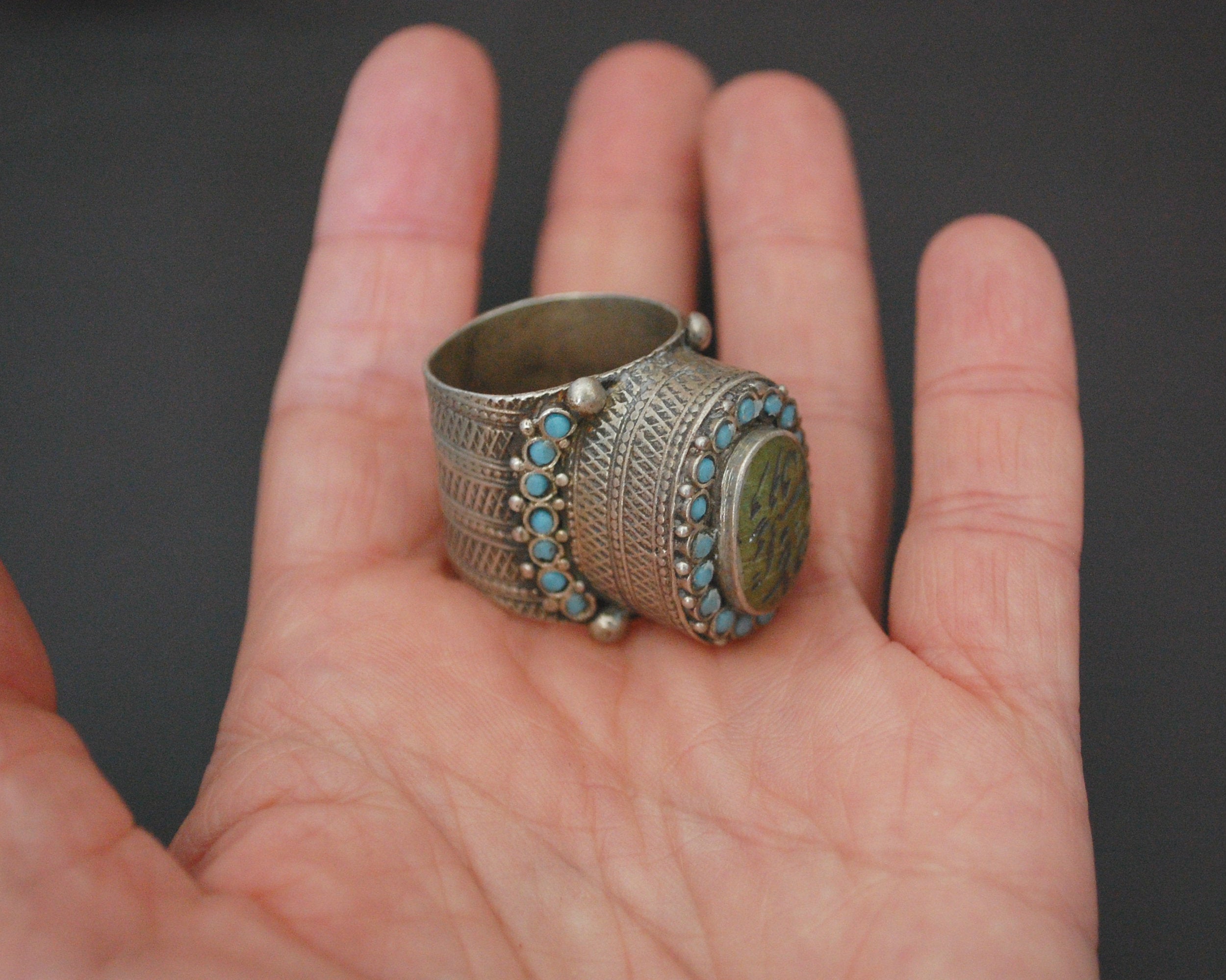 Antique Turkmen Ring with Turquoises - Size 9 / 9.5