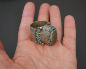 Antique Turkmen Ring with Turquoises - Size 9 / 9.5