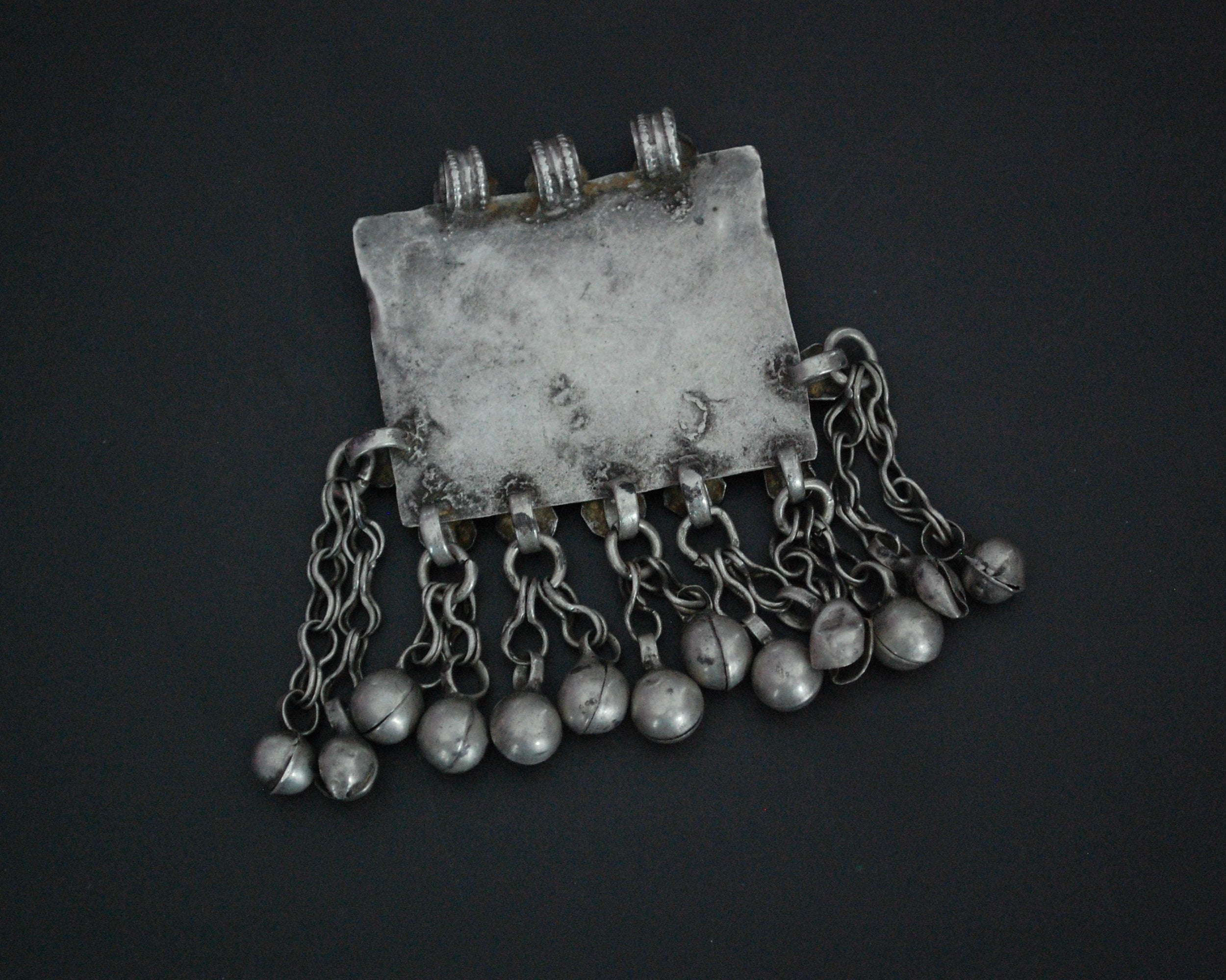 Antique Afghani Silver and Gilded Pendant with Bell Tassels