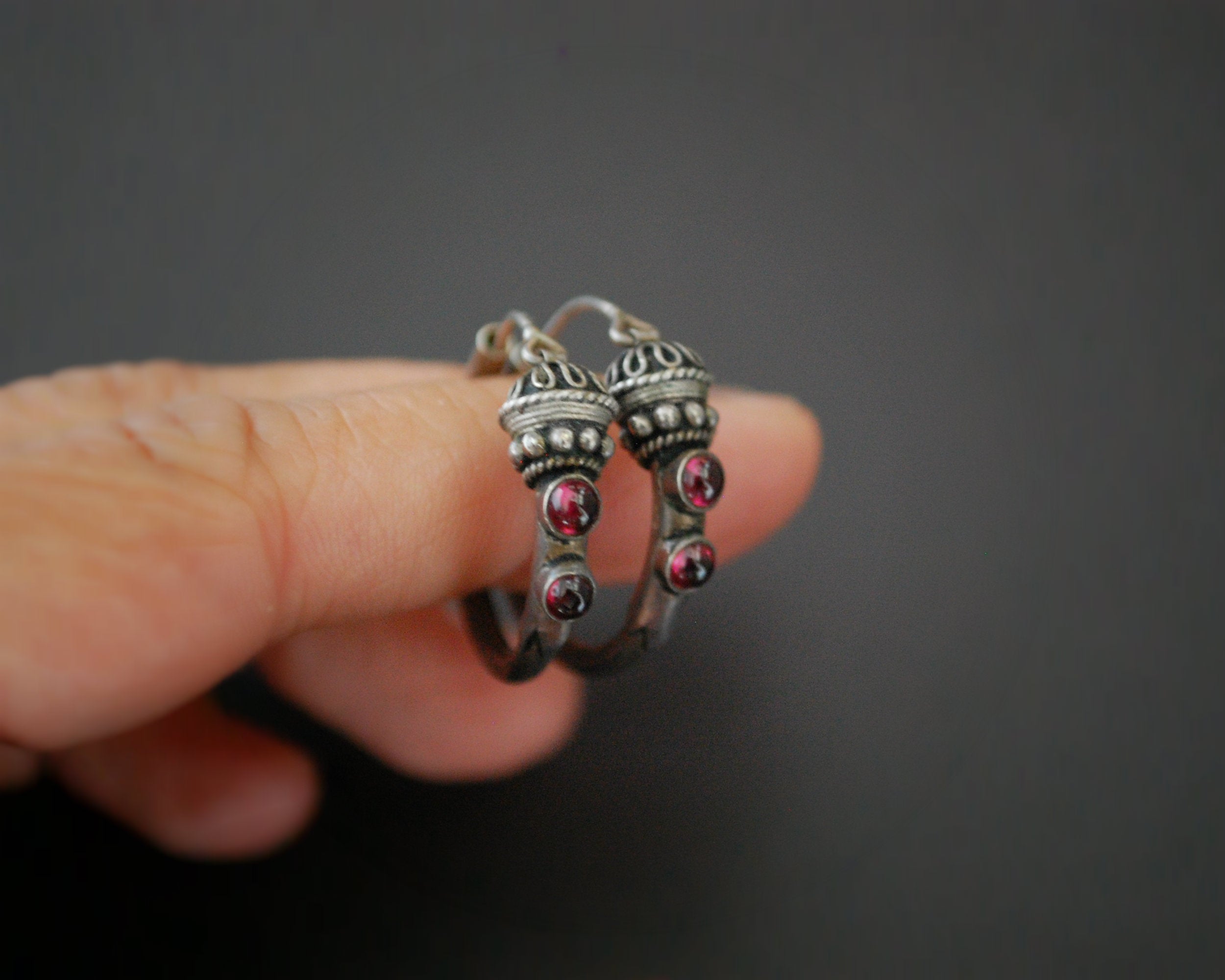 Ethnic Bali Hoop Earrings with Garnet