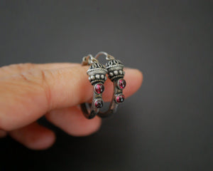 Ethnic Bali Hoop Earrings with Garnet