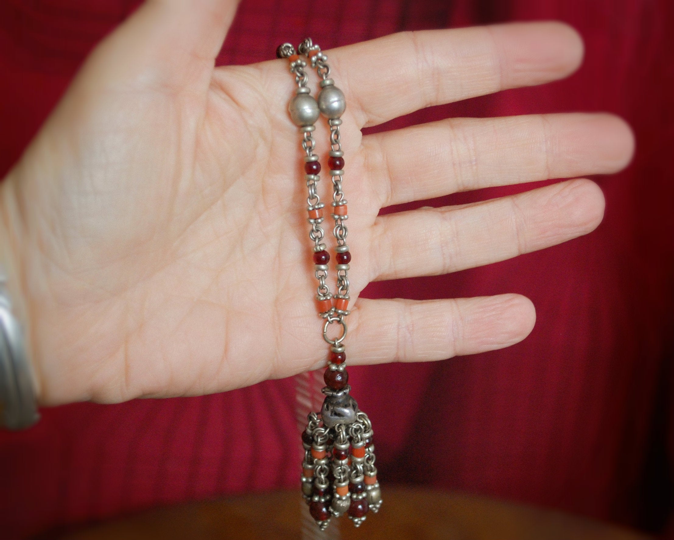 Ethnic Coral Garnet Silver Necklace from India