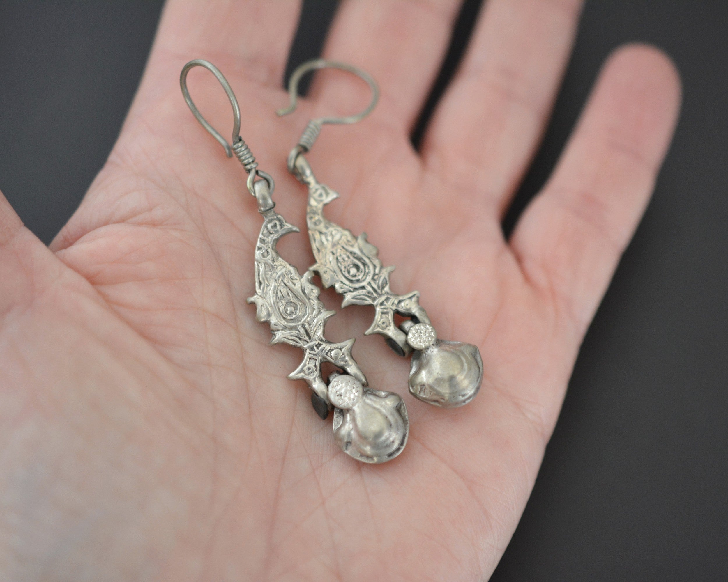 Uzbek Silver Dangle Earrings with Bird