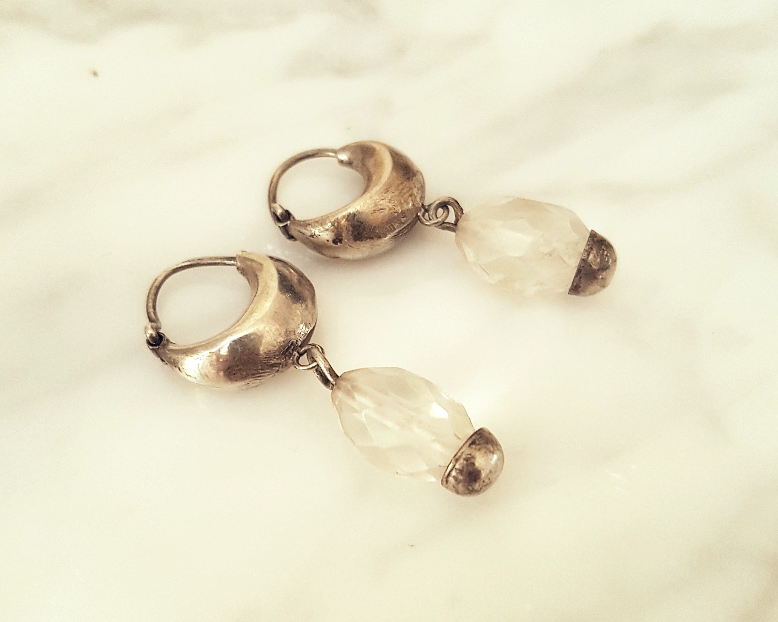 Reserved for L. - Ethnic Hoop Earrings with Crystal Quartz Dangles