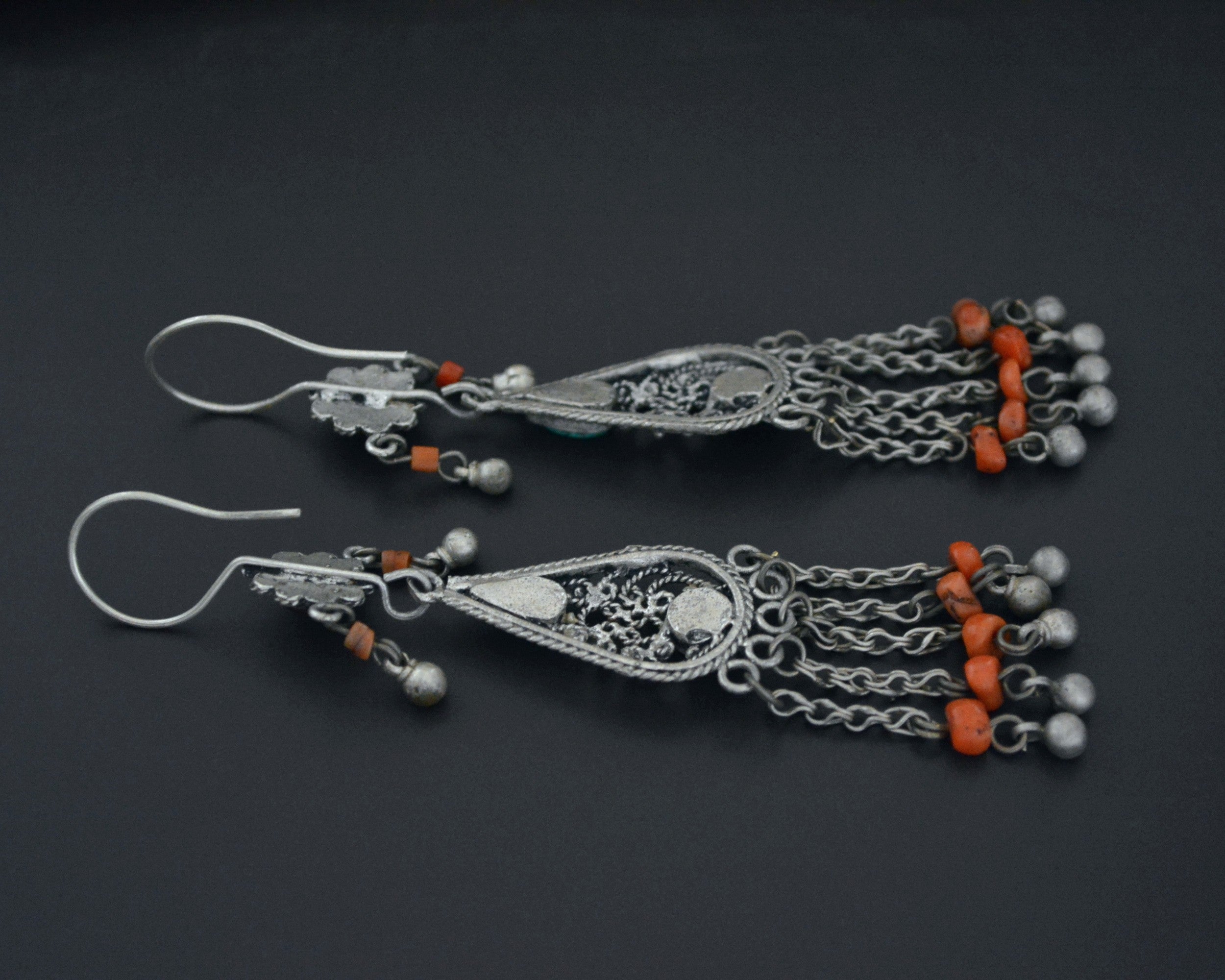 Uzbek Silver Turquoise Coral Earrings
