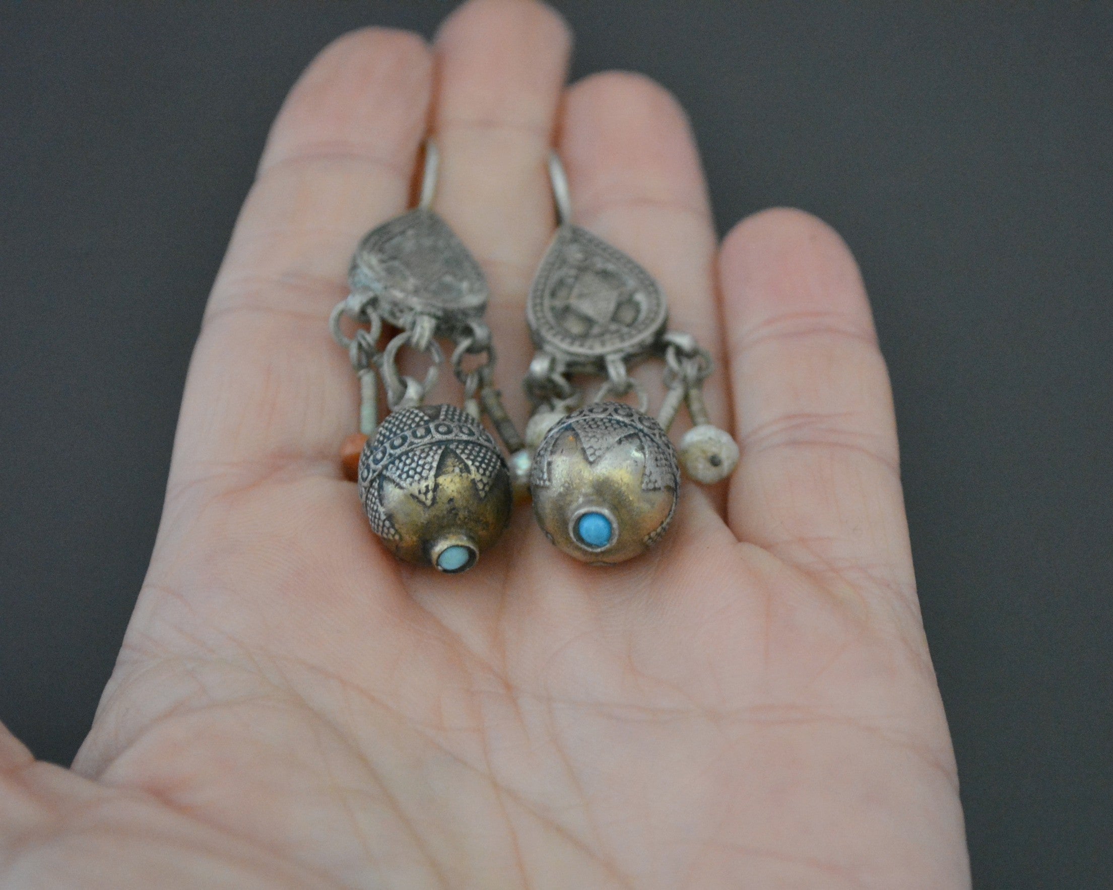 Vintage Kazakh Earrings with Coral and Pearls