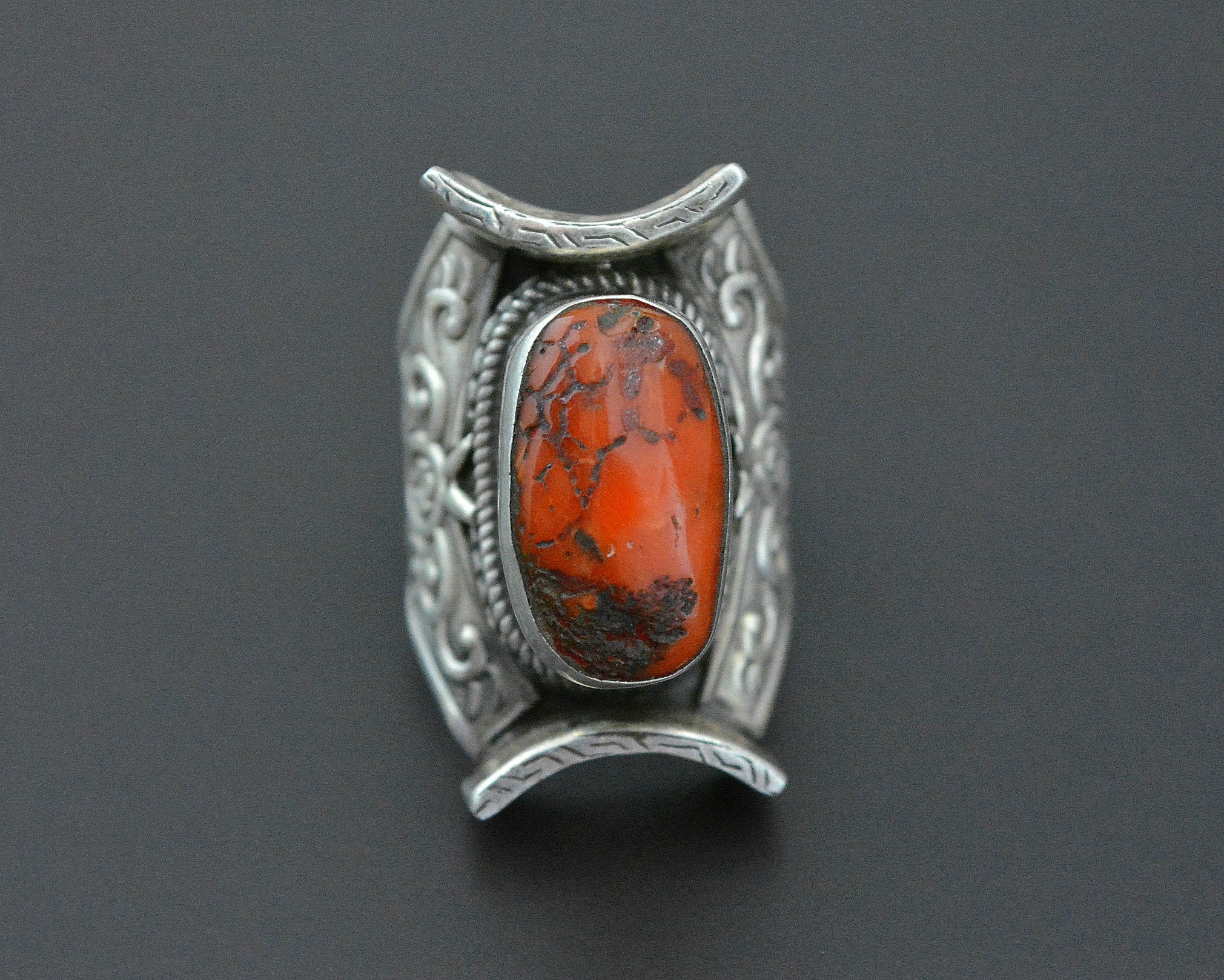 Bold Nepali Coral Saddle Ring - Size 8.75