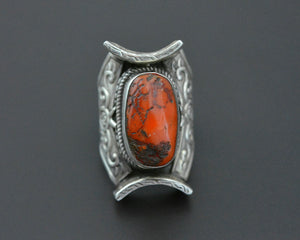 Bold Nepali Coral Saddle Ring - Size 8.75