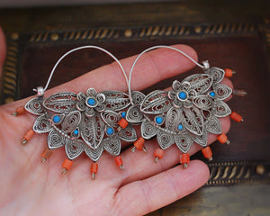 Uzbek Coral Turquoise Filigree Hoop Earrings