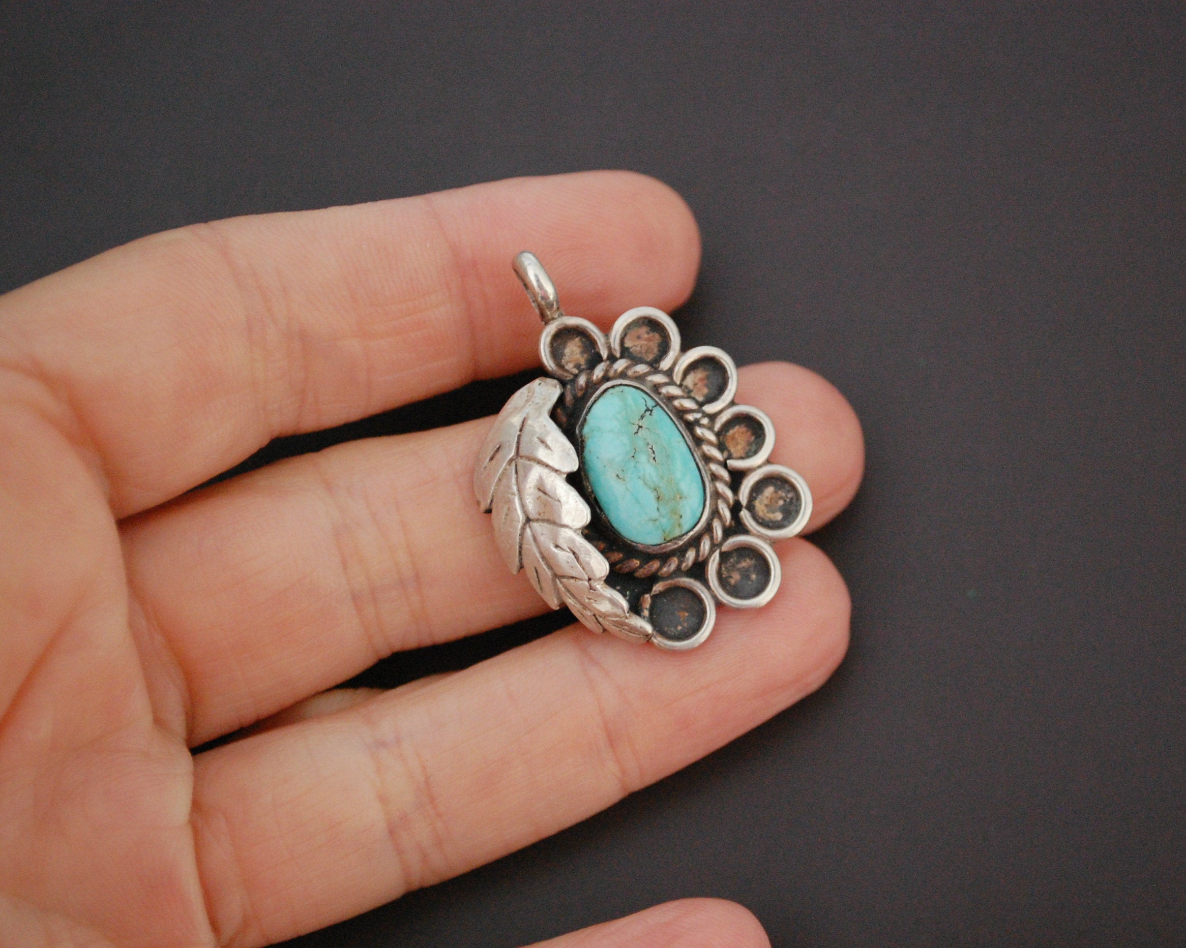 Native American Navajo Turquoise Feather Pendant