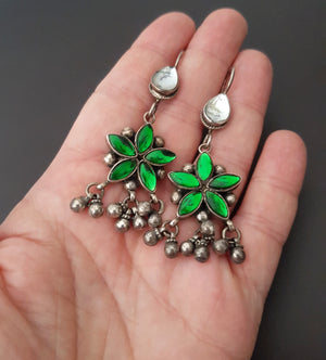 Rajasthani Earrings with Green and White Glass