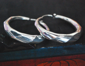 Faceted Ethnic Silver Hoop Earrings