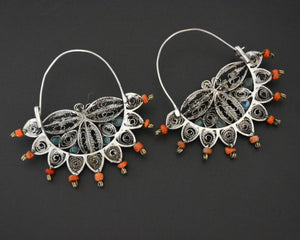 Uzbek Coral Turquoise Filigree Hoop Earrings