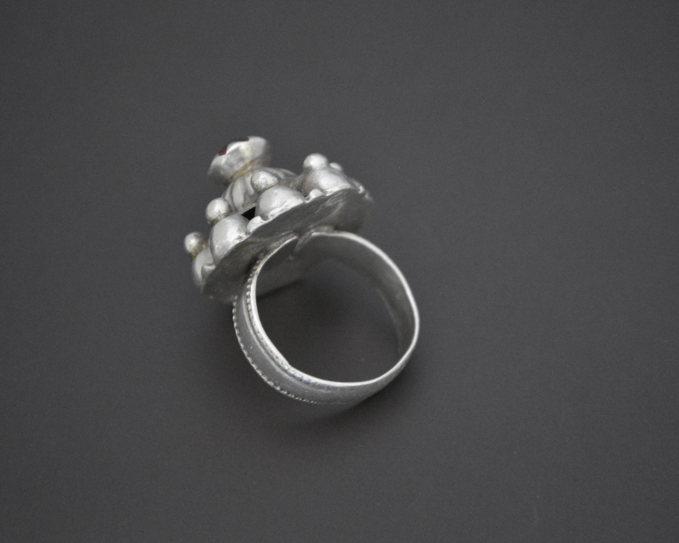Pashtun Silver Ring with Red Glass - Size 8.5