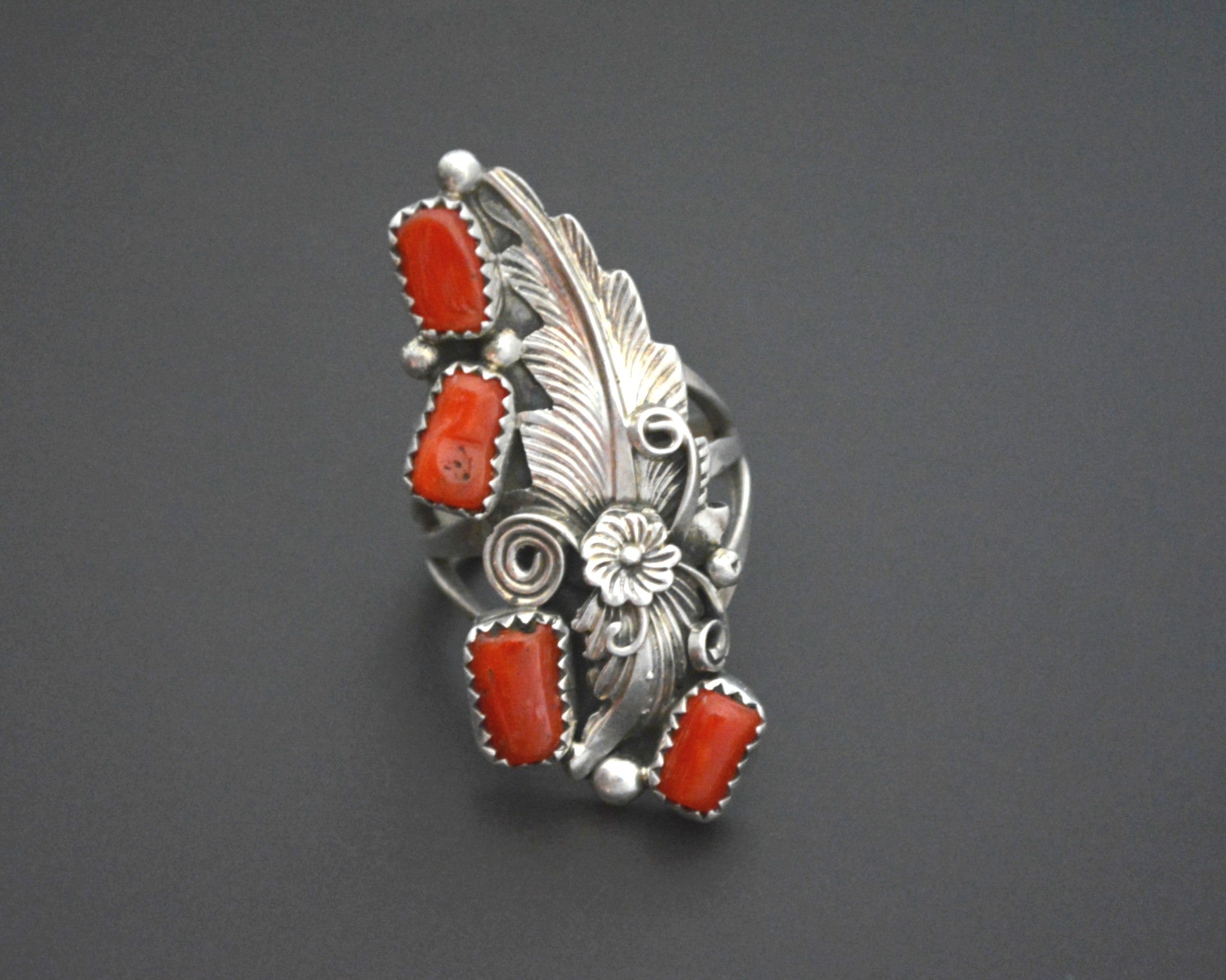 Native American Coral Ring - Size 7.5