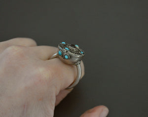 Central Asian Turquoise Garnet Silver Ring - Size 8