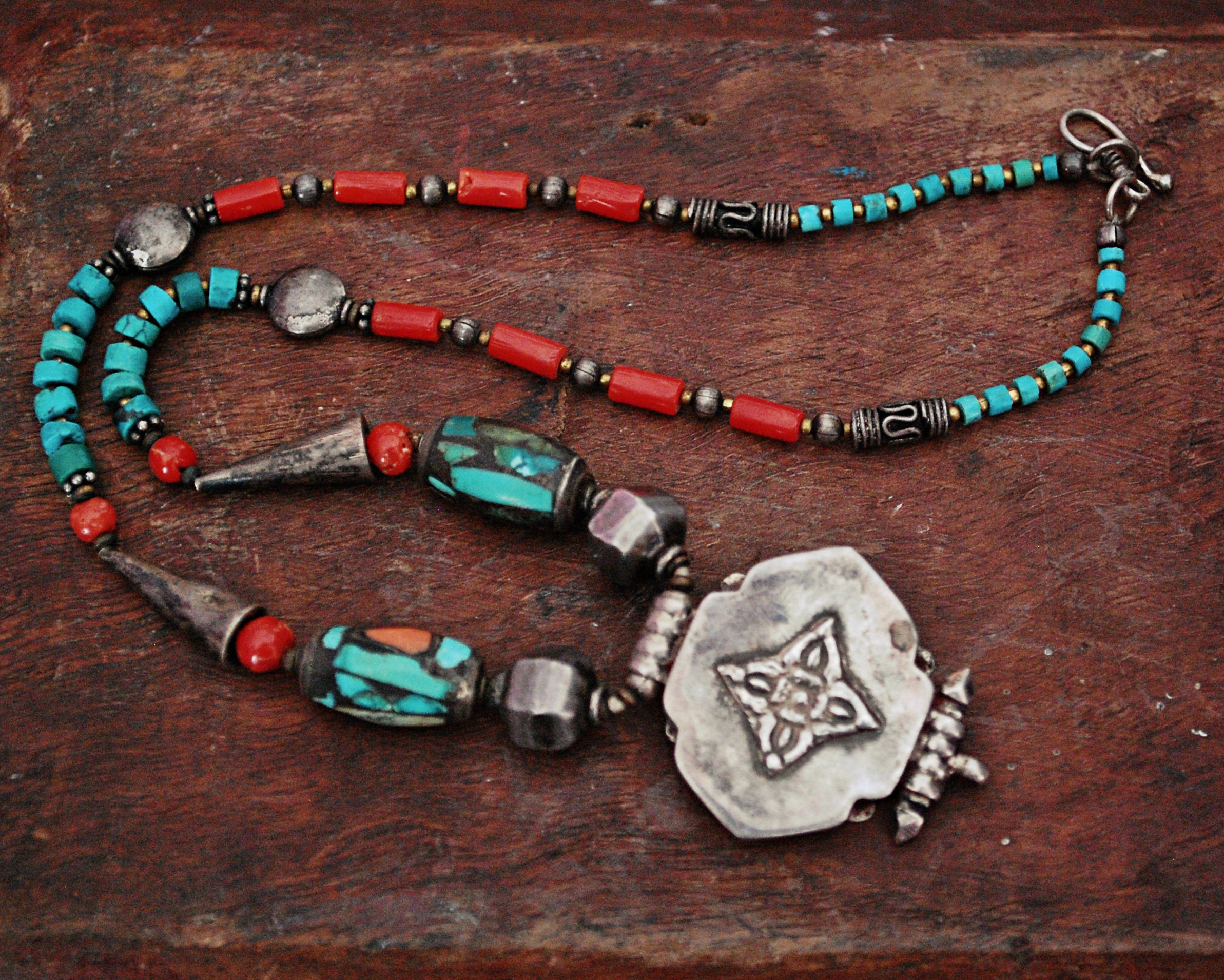 Vintage Nepali Coral Turquoise Necklace with Gau Amulet