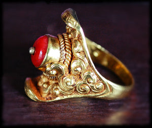 Tibetan 18Kt Gold Coral Saddle Ring - Size 8