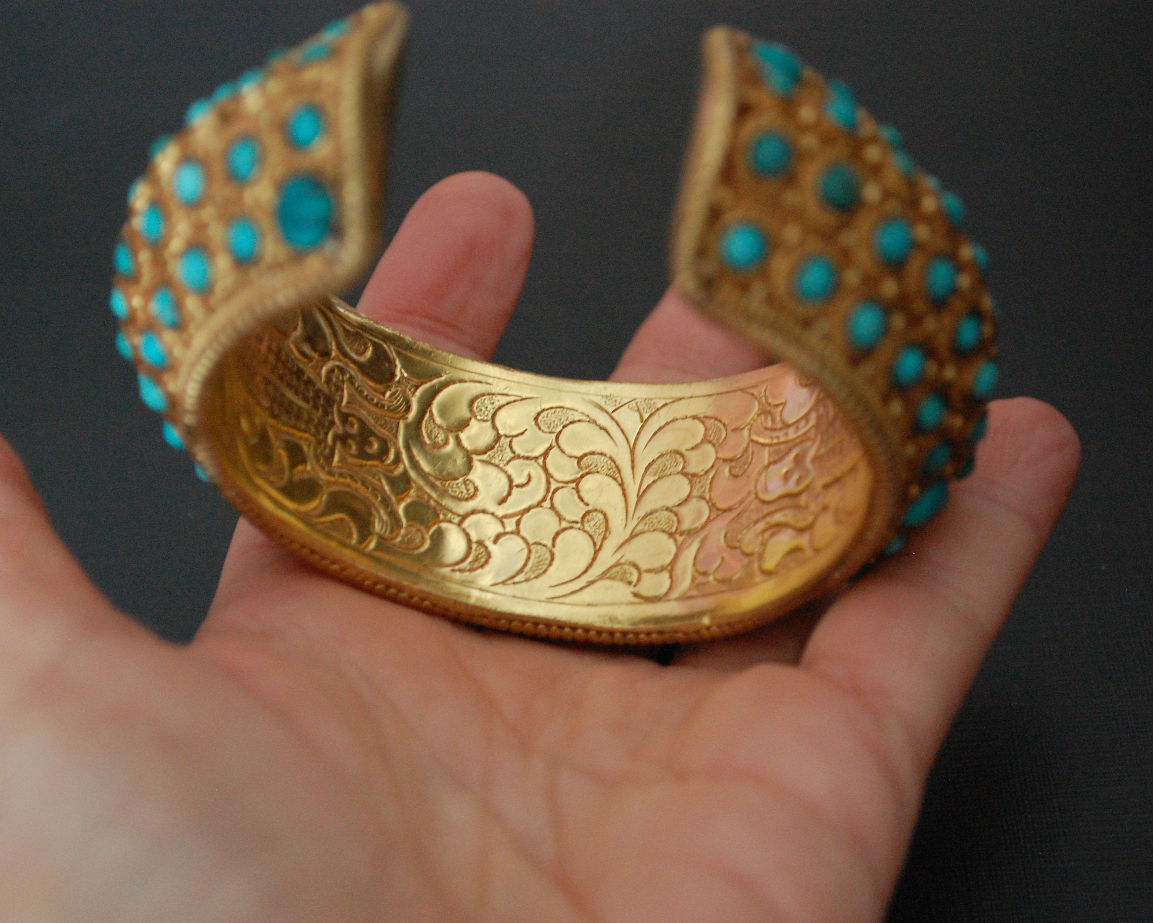Gilded Nepali Cuff Bracelet with Turquoises