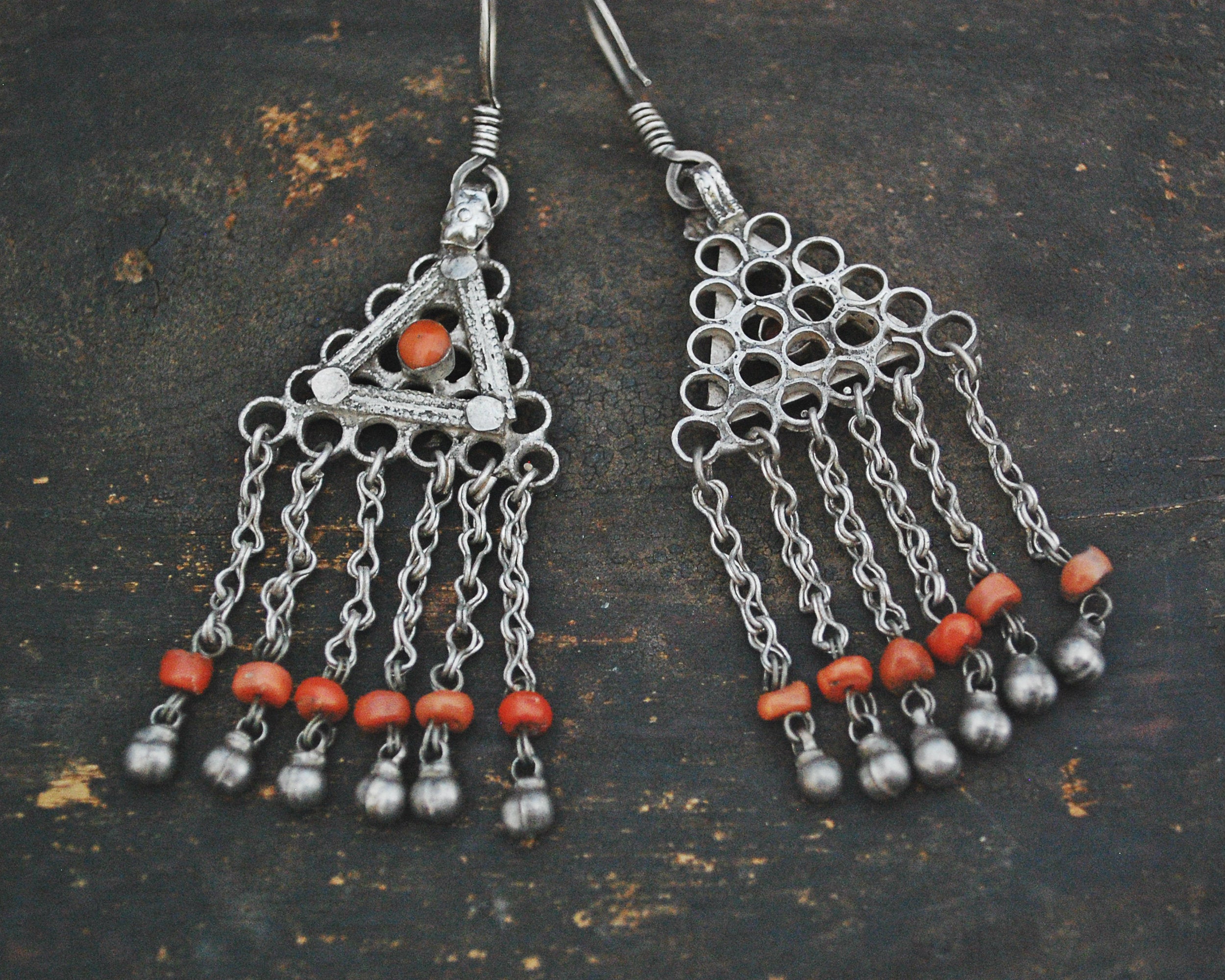 Uzbek Coral Earrings with Bell Dangles