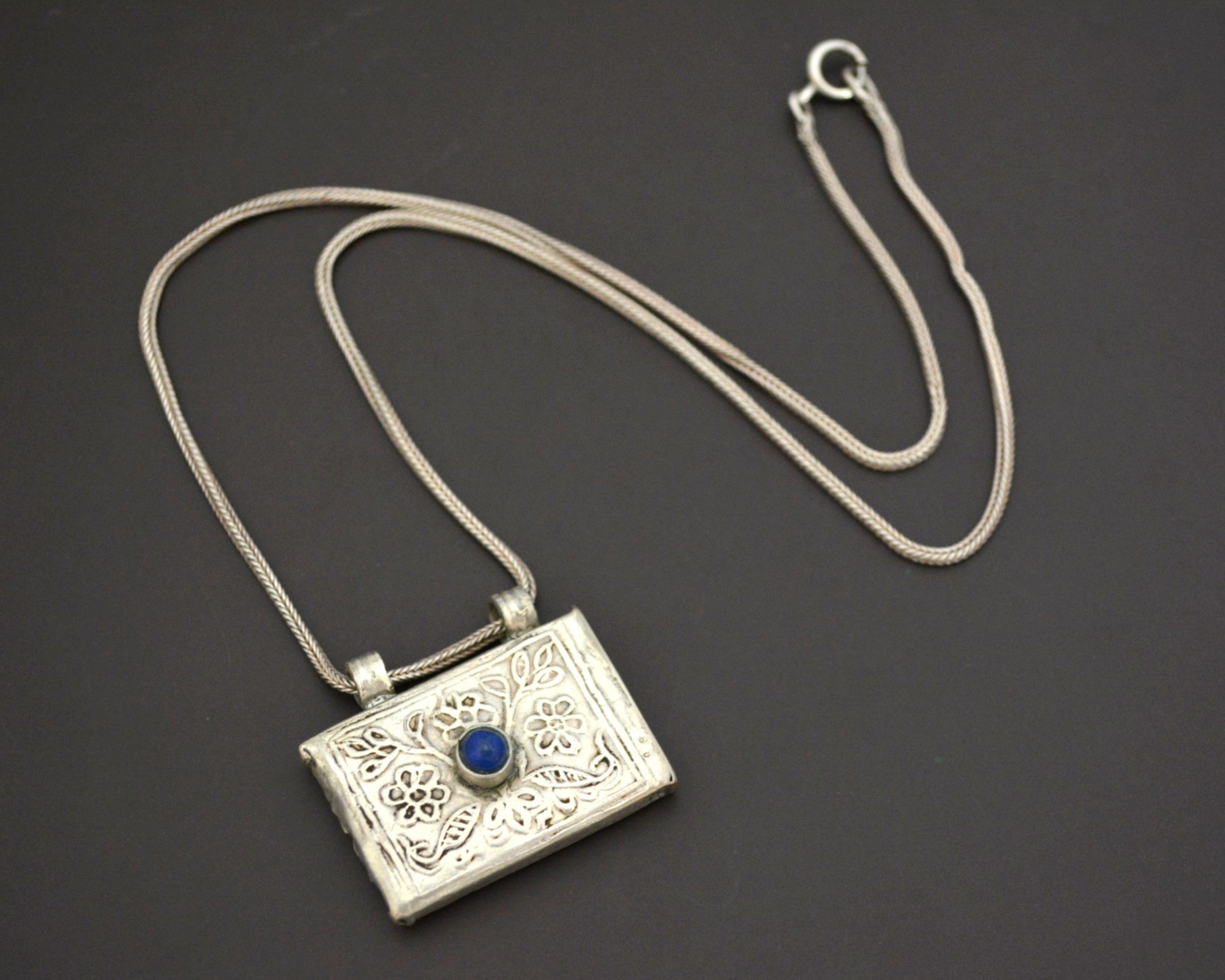 Afghani Lapis Lazuli Silver Box Pendant Necklace