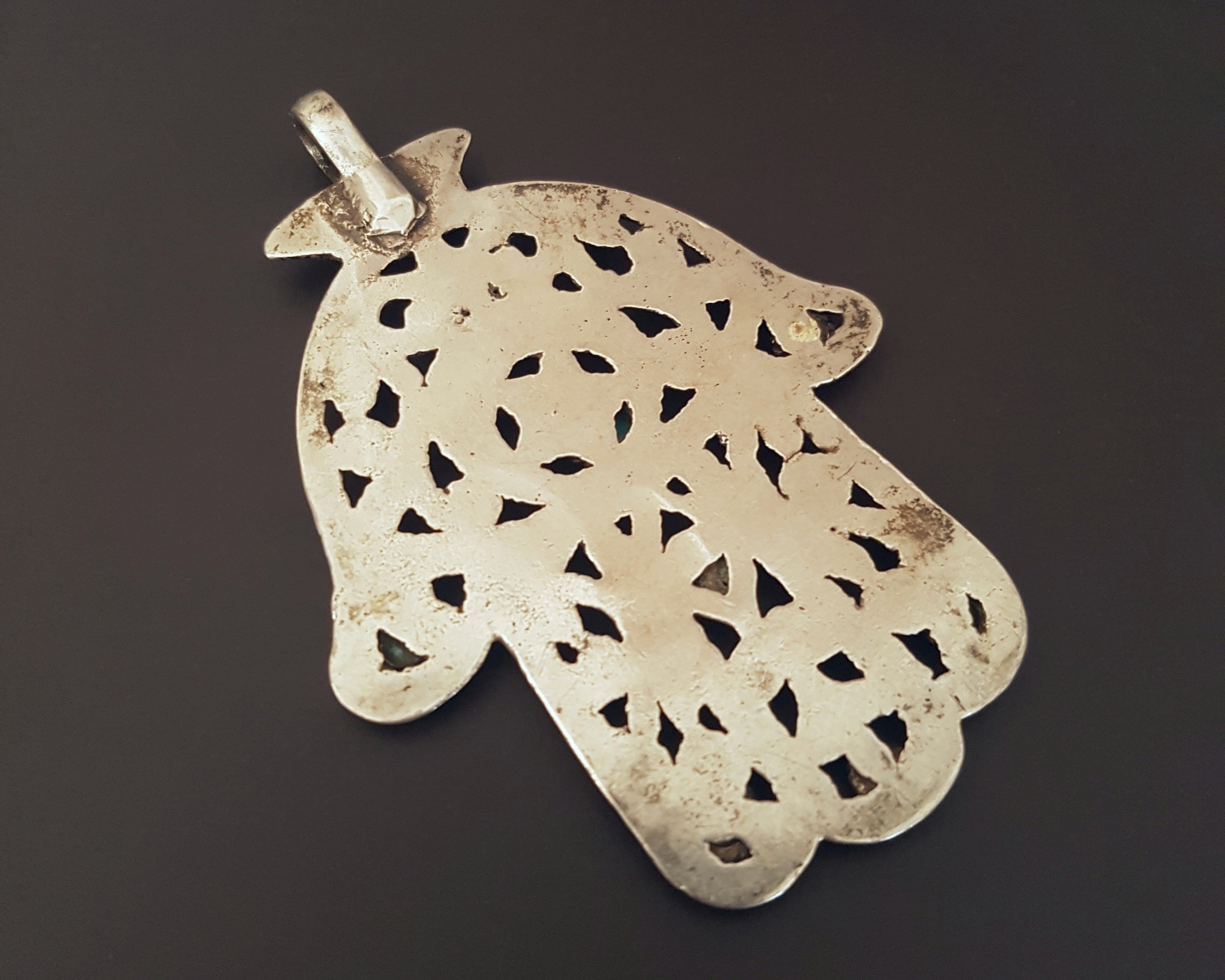 Large Antique Tunisian Hamsa Pendant with Turquoises
