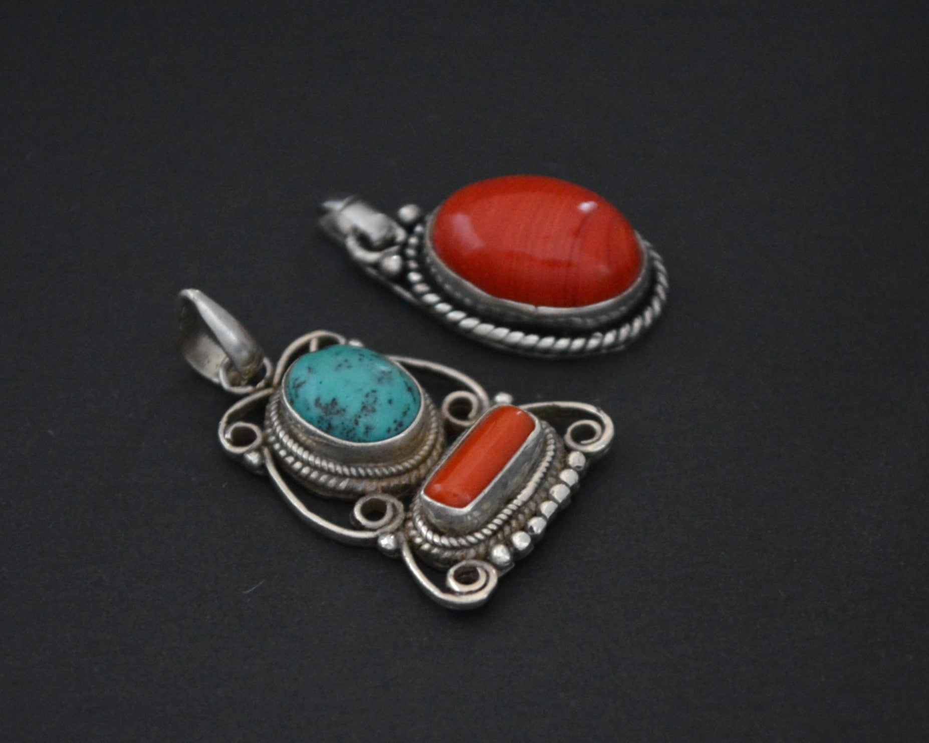 Set Nepali Turquoise Coral Pendants - Set of Two