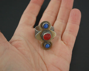 Turkmen Silver Gilded Ring with Glass Stones - Size 9