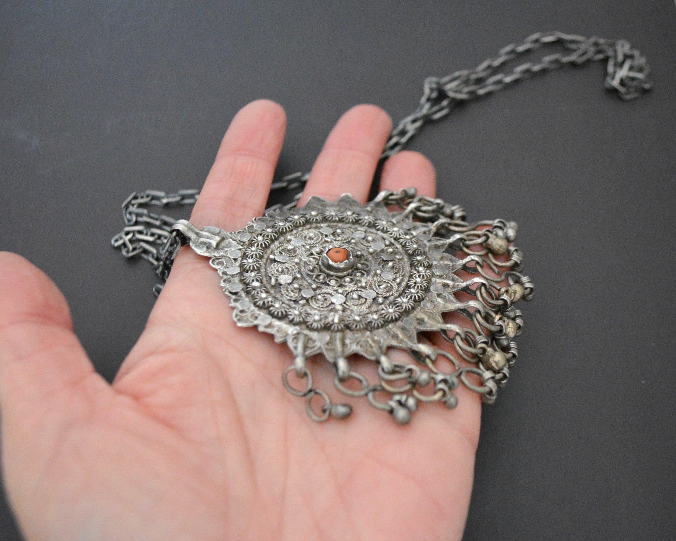 Yemeni Filigree Coral Pendant with Dangles on Silver Chain