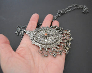 Yemeni Filigree Coral Pendant with Dangles on Silver Chain