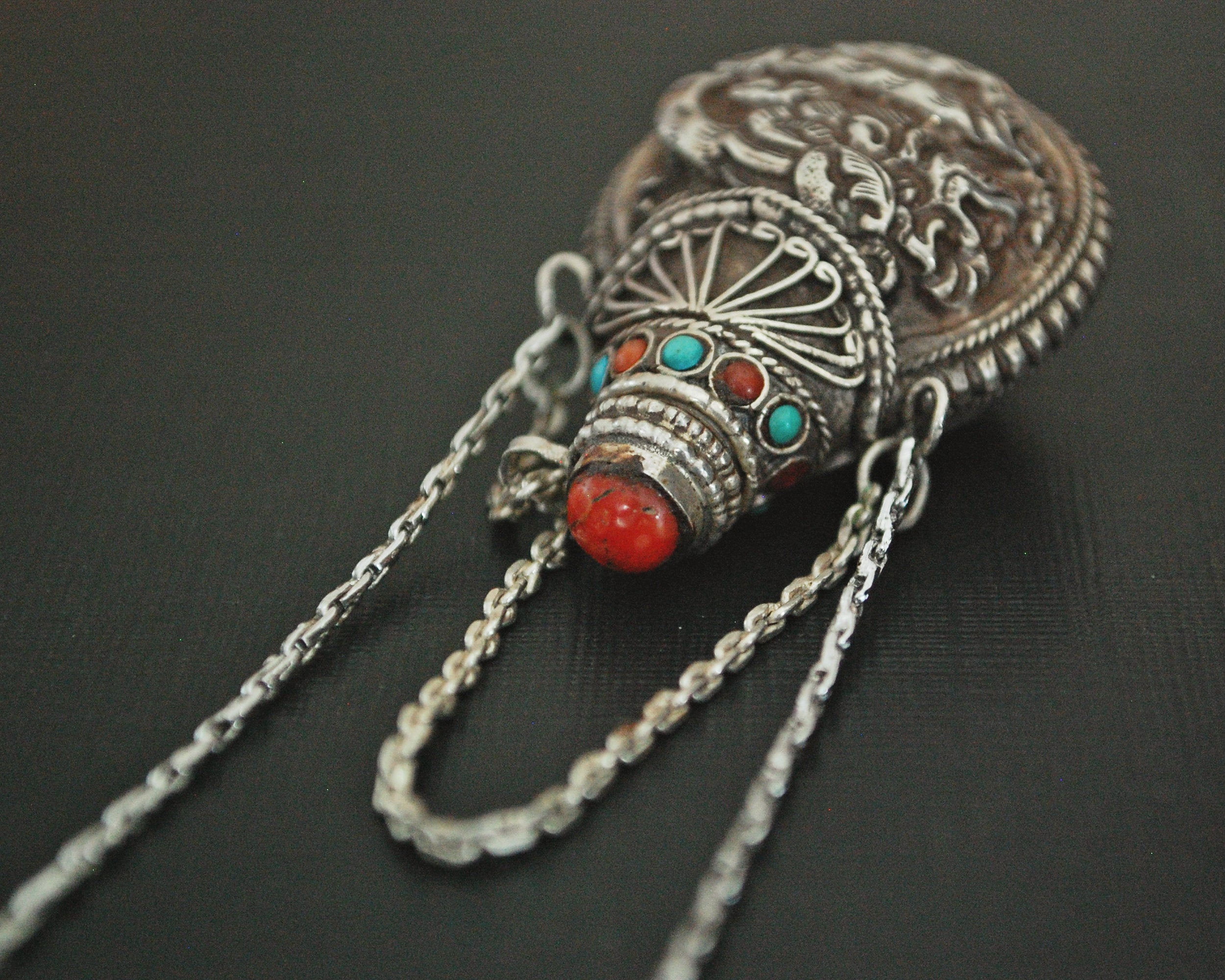 Nepali Repoussee Silver Parfum Bottle on Chain