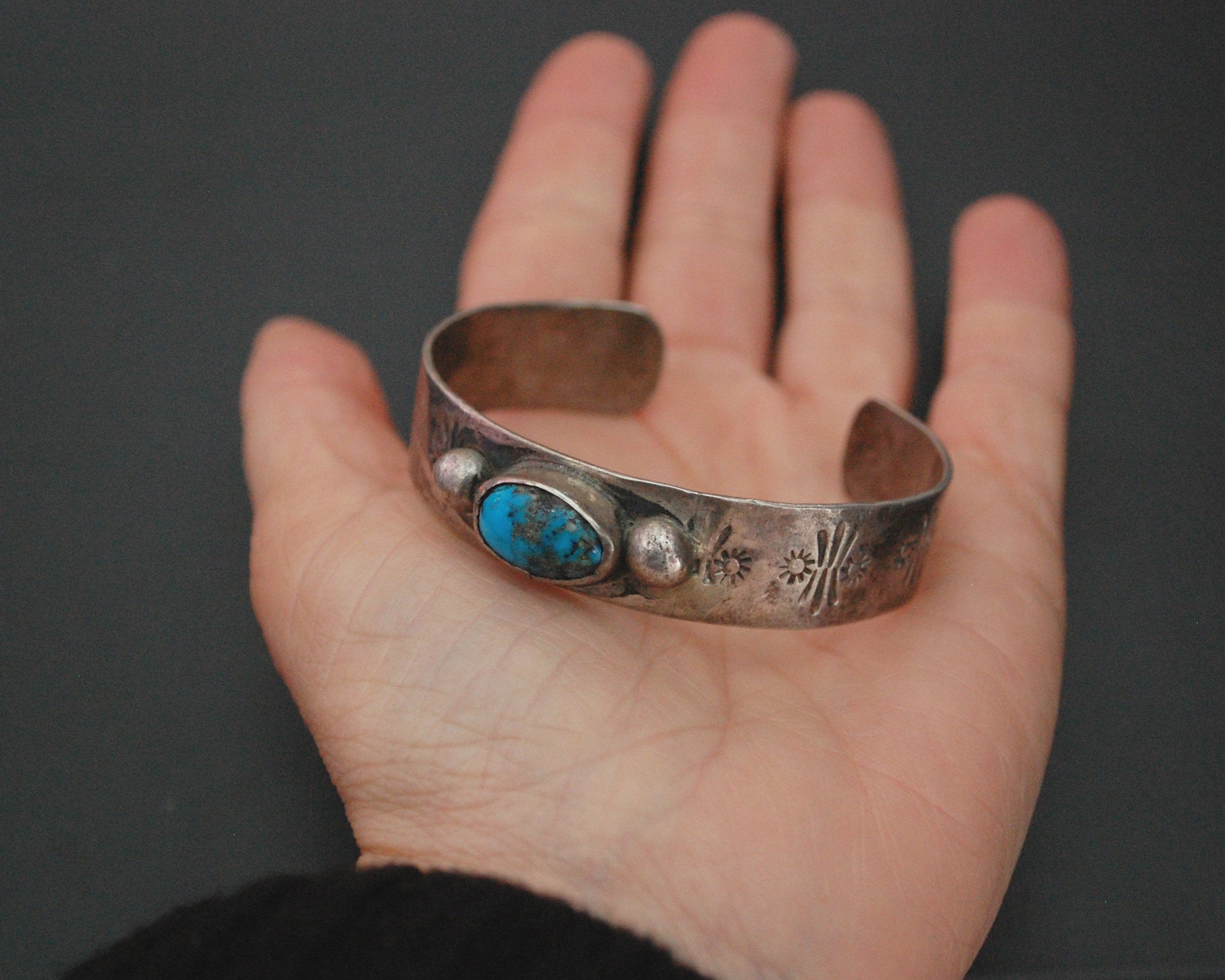 Old Navajo Stamped Turquoise Cuff Bracelet - SMALL