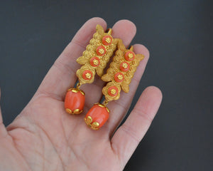 Tibetan Gilded Earrings with Faux Coral