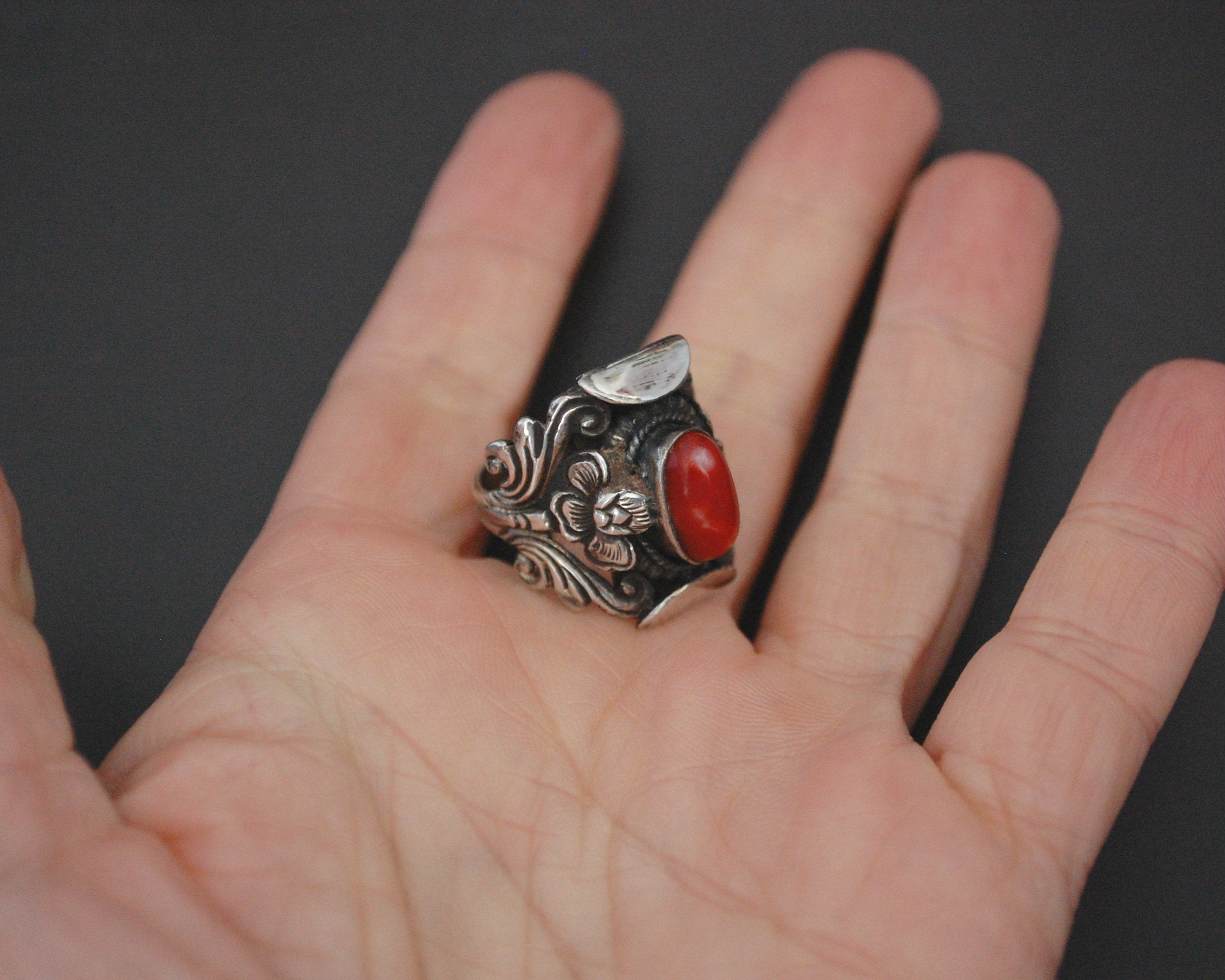 Nepali Coral Saddle Ring - Size 7.5