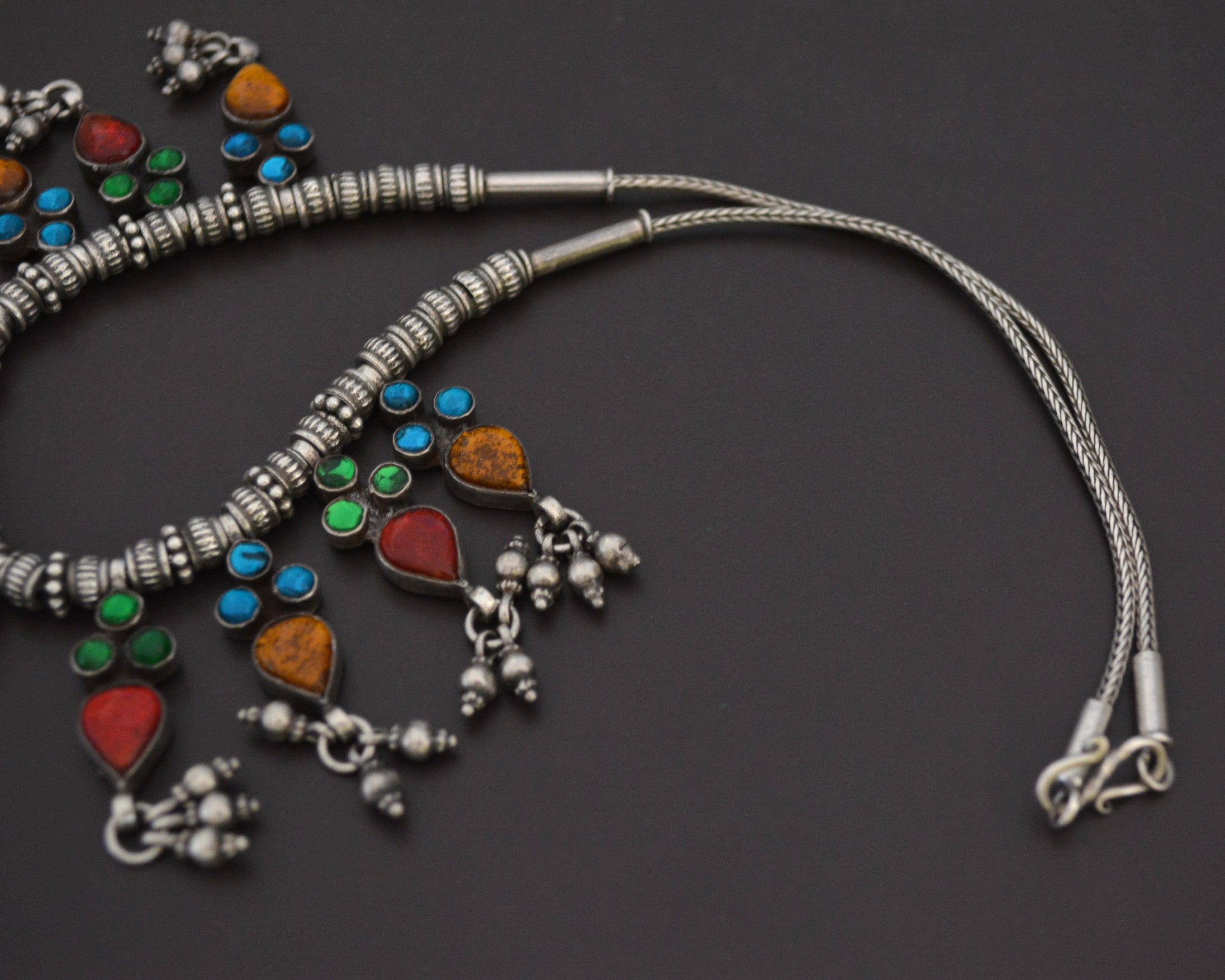 Colorful Rajasthani Silver Necklace with Glass Inserts
