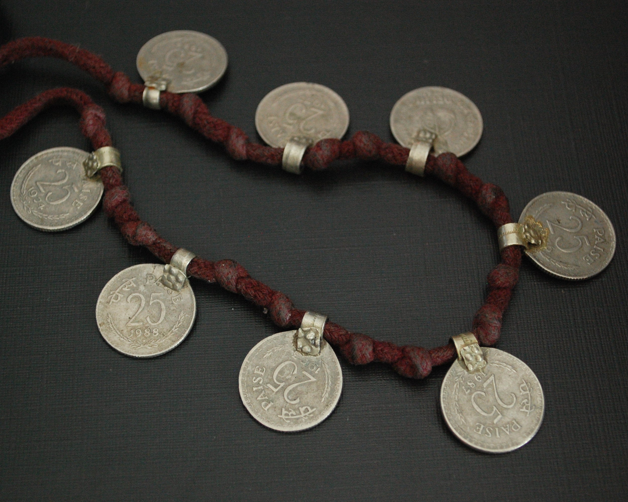 Old Indian Coins Necklace on Cotton Cord