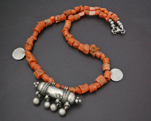 Old Yemeni Coral Silver Amulet Pendant Necklace