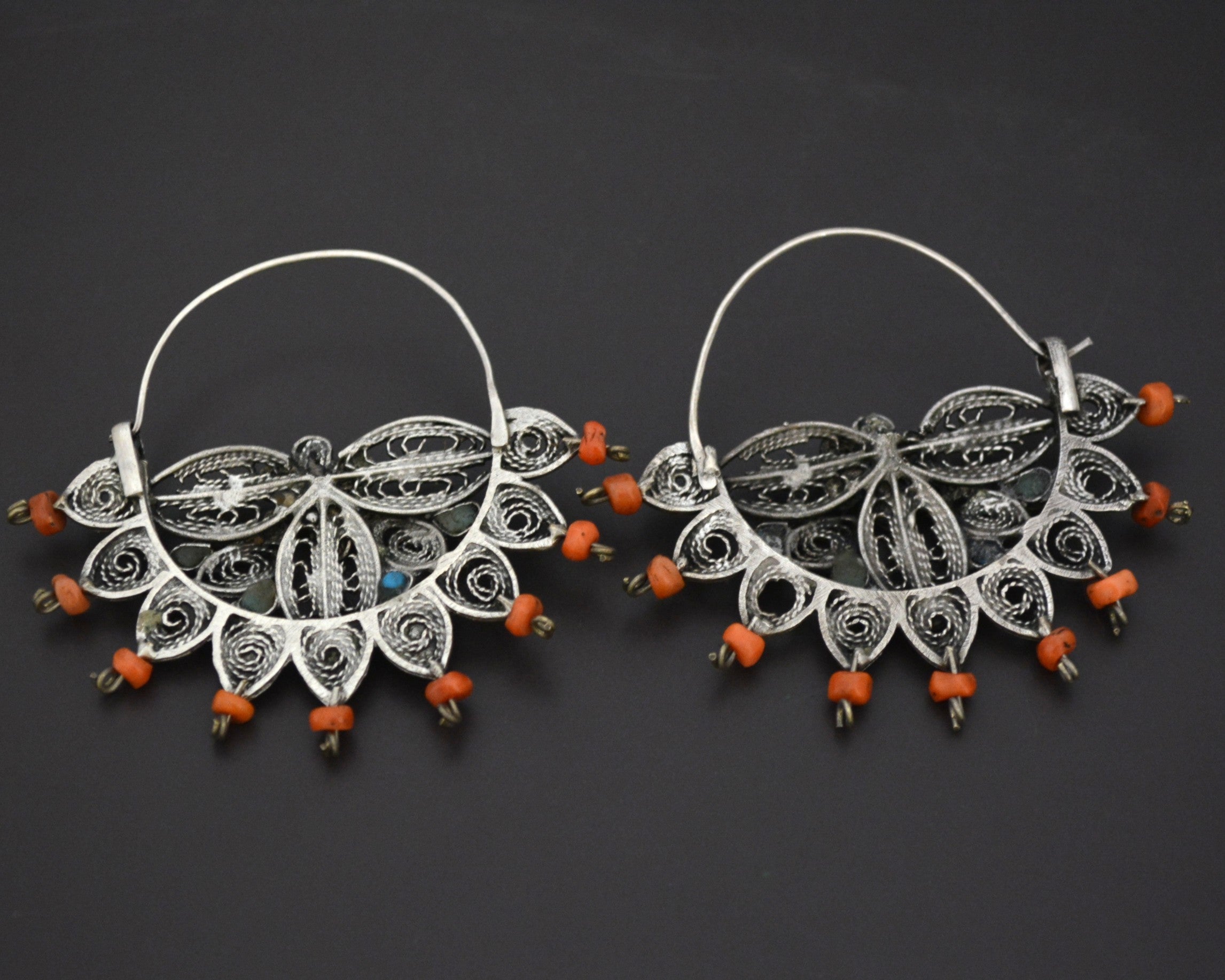 Uzbek Coral Turquoise Filigree Hoop Earrings