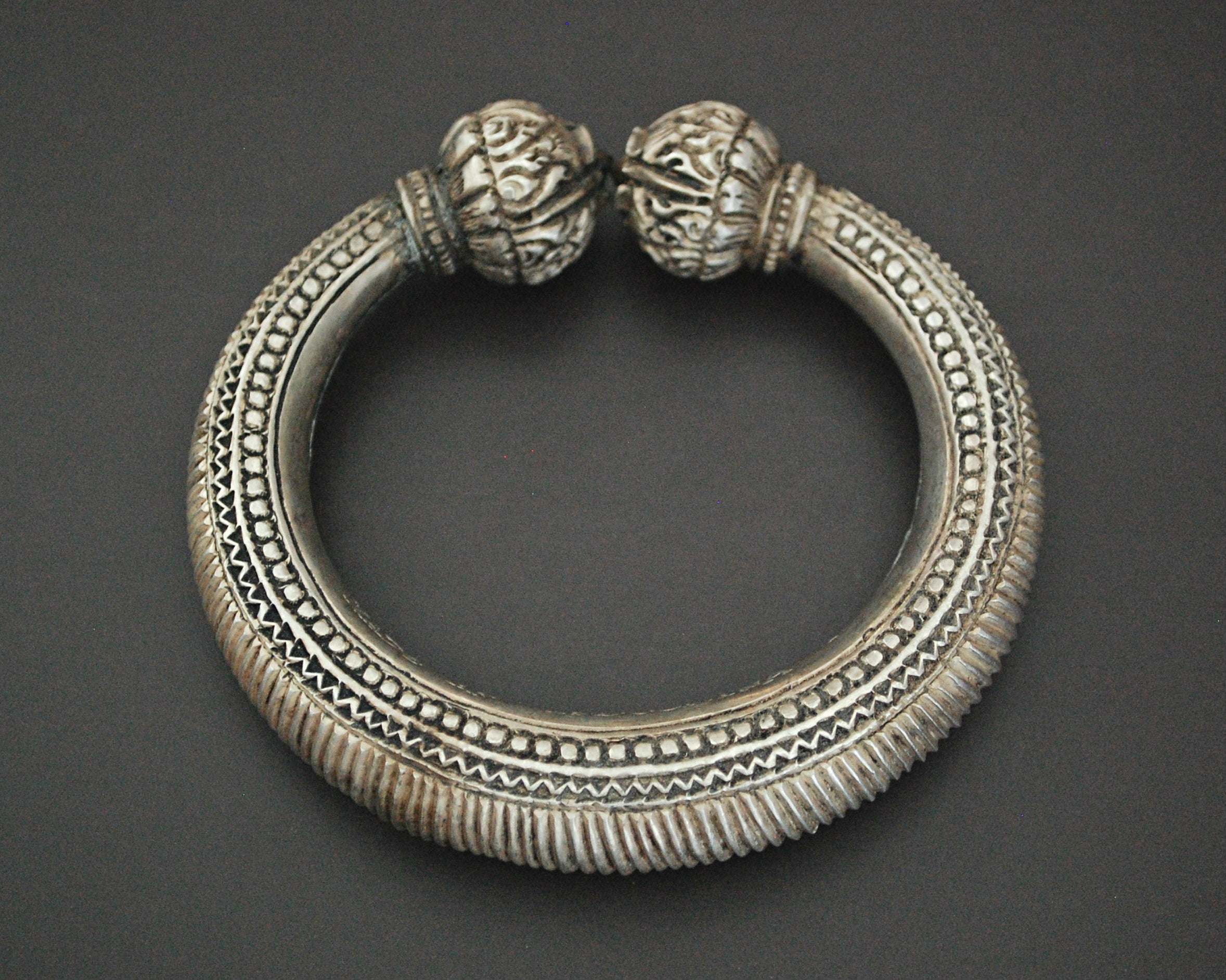 Old Hill Tribe Silver Bracelet with Lotus Buds - XS