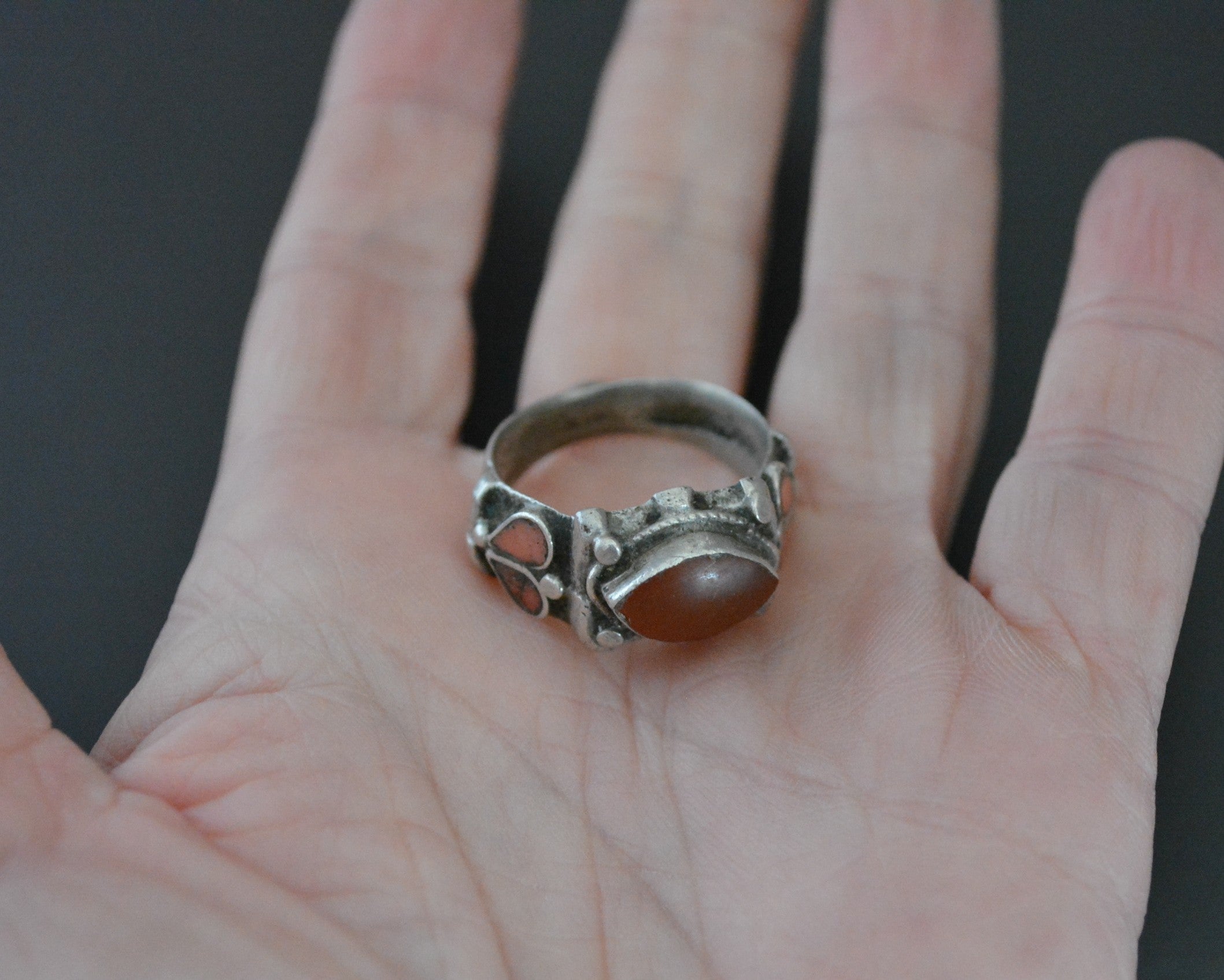 Old Afghani Coral and Carnelian Ring - Size 10.5