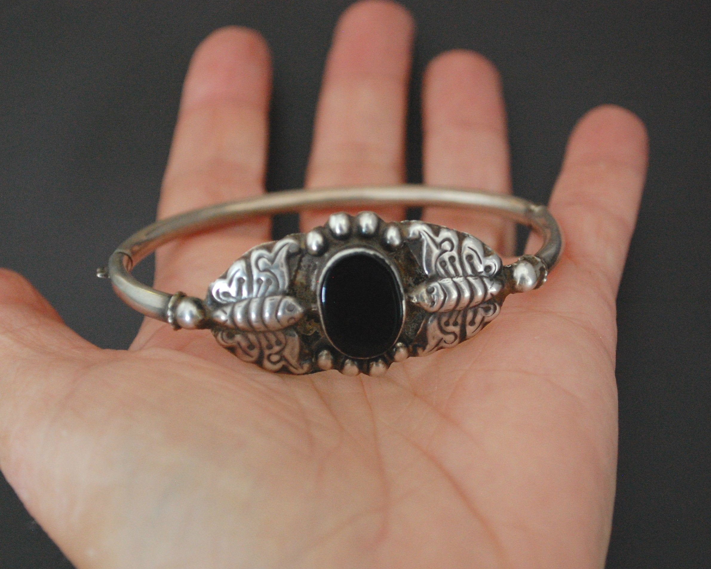 Vintage Onyx Butterfly Bracelet from India - Hinged