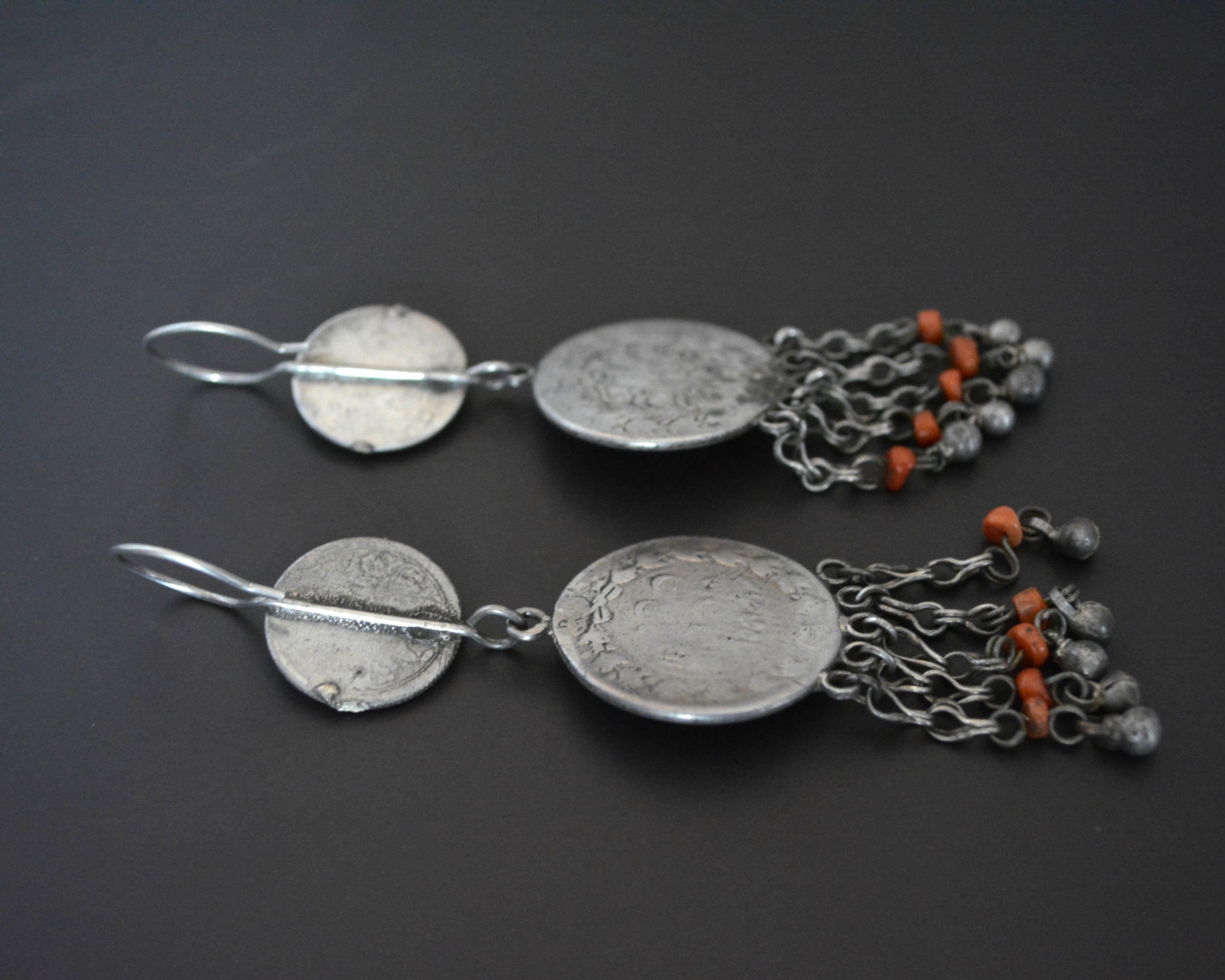 Uzbek Coral Turquoise Earrings with litte Bell Dangles