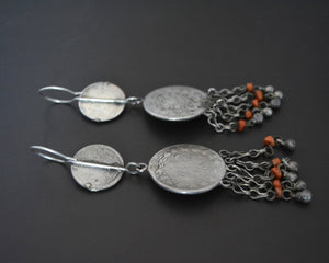 Uzbek Coral Turquoise Earrings with litte Bell Dangles