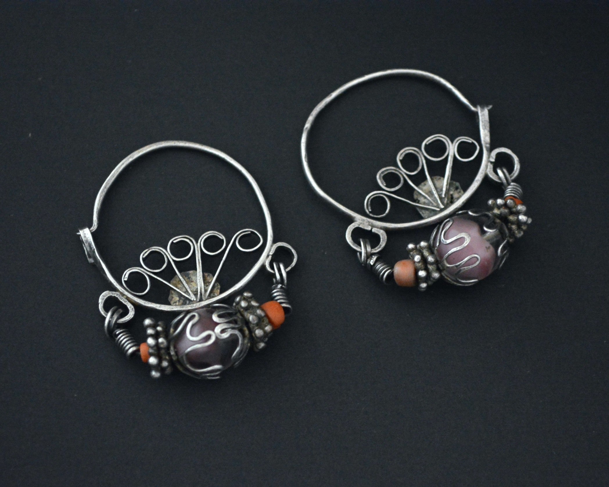 Uzbek Coral and Glass Hoop Earrings